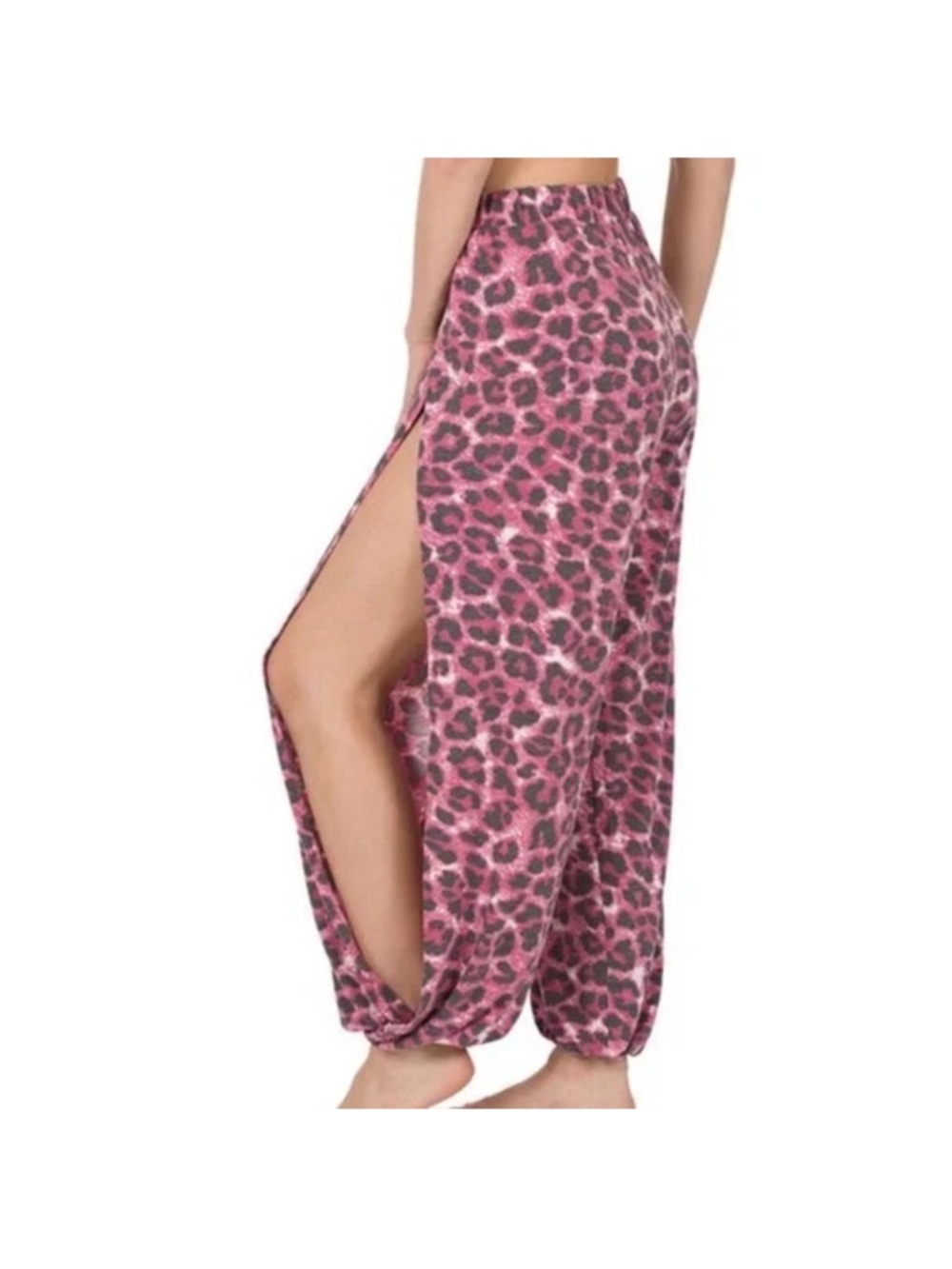 Zenana Outfitters Pink Leopard Side-Slit Pants
